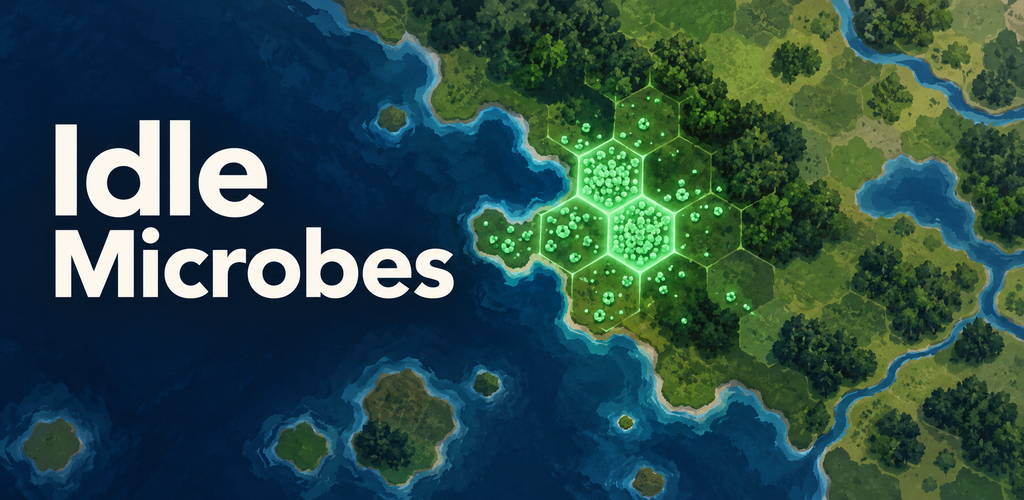 Idle Microbes: a green colony spreading across patches of land beside an ocean.